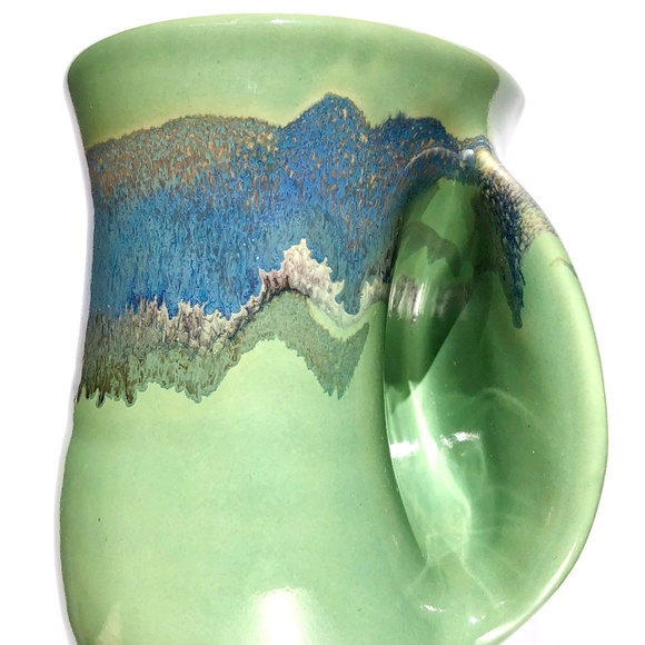 Left Handed Mug Neher Signed Pottery Green Blue Drip Glossy Glaze 2017 Tall Cup - Picture 9 of 15